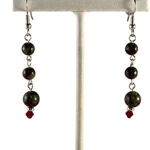Silver Tone Pierced French Wire Green Stone & Red Crystal Earrings (N10)